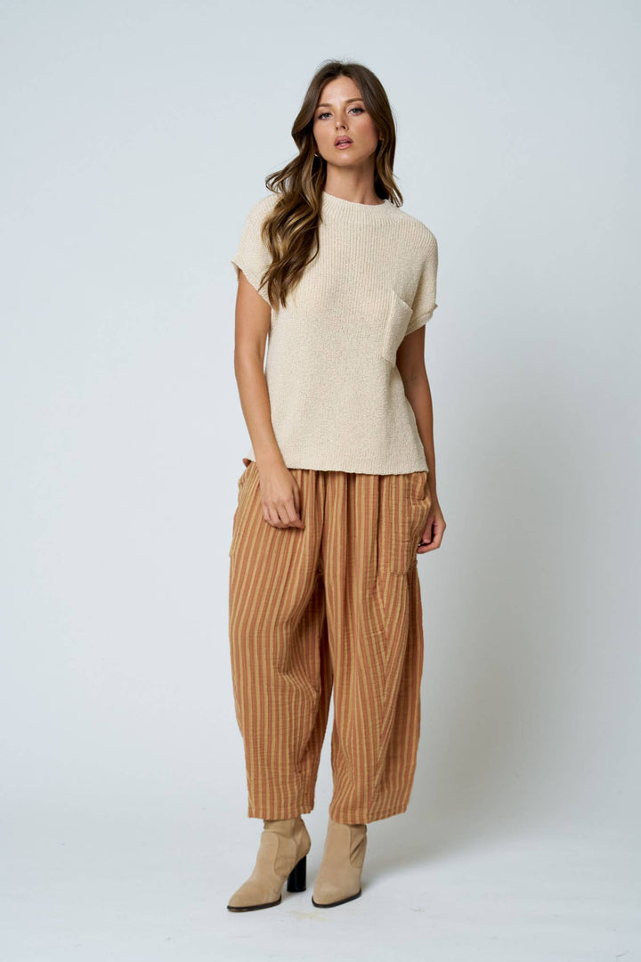POCKET DETAIL DROP SHOULDER SHORT SLEEVE SWEATER