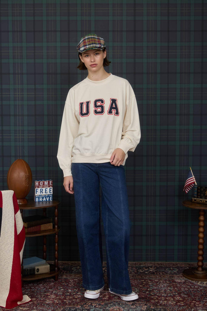 Women's Long Sleeve - USA VARSITY LETTER LONG SLEEVE KNIT TOP - - Cultured Cloths Apparel