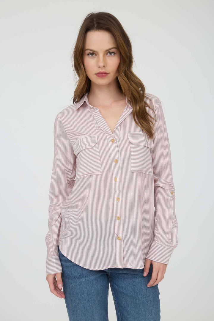 STRIPED COLLARED BUTTON DOWN WITH POCKETS