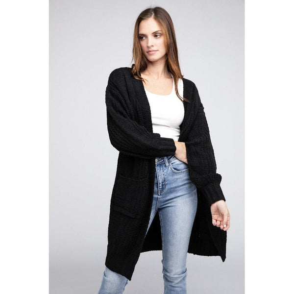 Outerwear - Twist Knitted Open Front Cardigan With Pockets - BLACK - Cultured Cloths Apparel