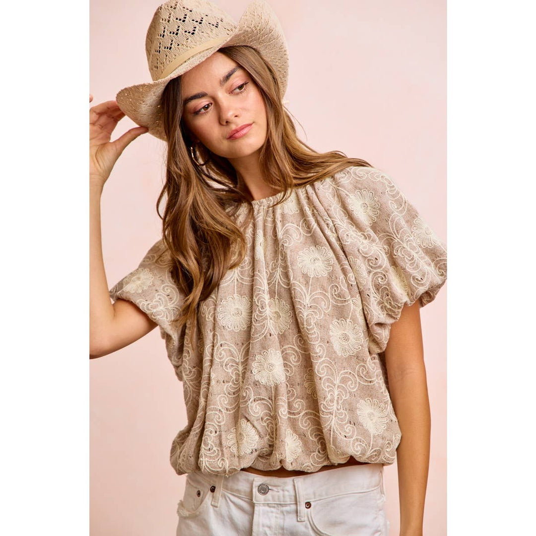 Women's Short Sleeve - FLOWER EMBROIDERED SHIRRED NECKLINE BUBBLE HEM TOP - - Cultured Cloths Apparel