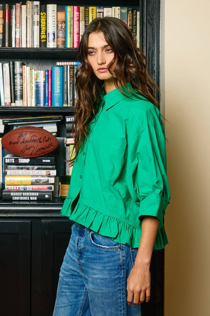Women's Short Sleeve - Ruffled Hem Solid Poplin Blouse Shirt Top - - Cultured Cloths Apparel
