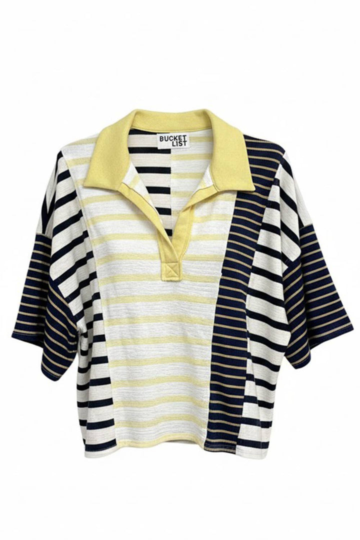 Women's Short Sleeve - Stripe-block Collar Short-sleeve Top - - Cultured Cloths Apparel