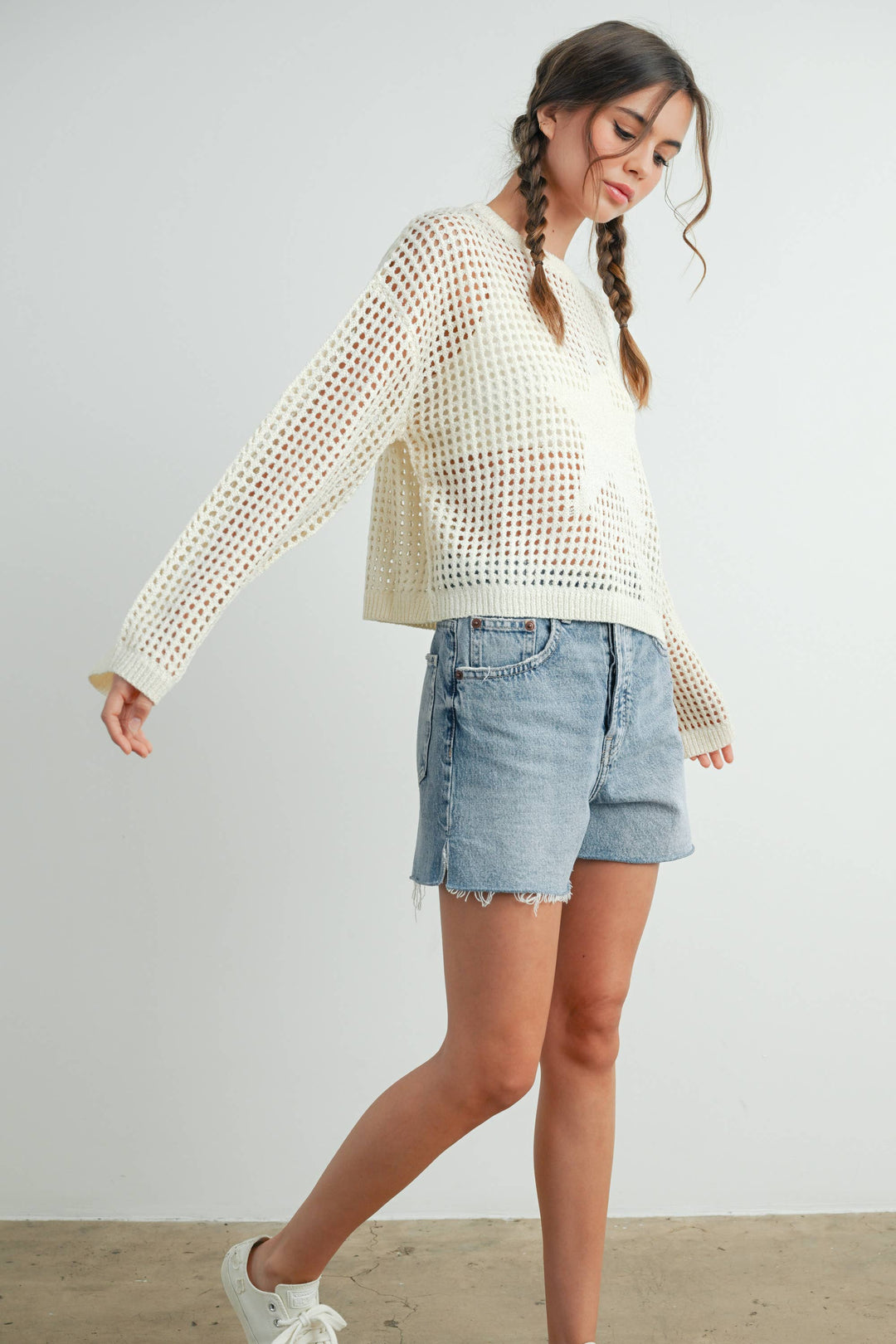 Women's Sweaters - Star Crew Neck Crochet Sweater - IVORY - Cultured Cloths Apparel