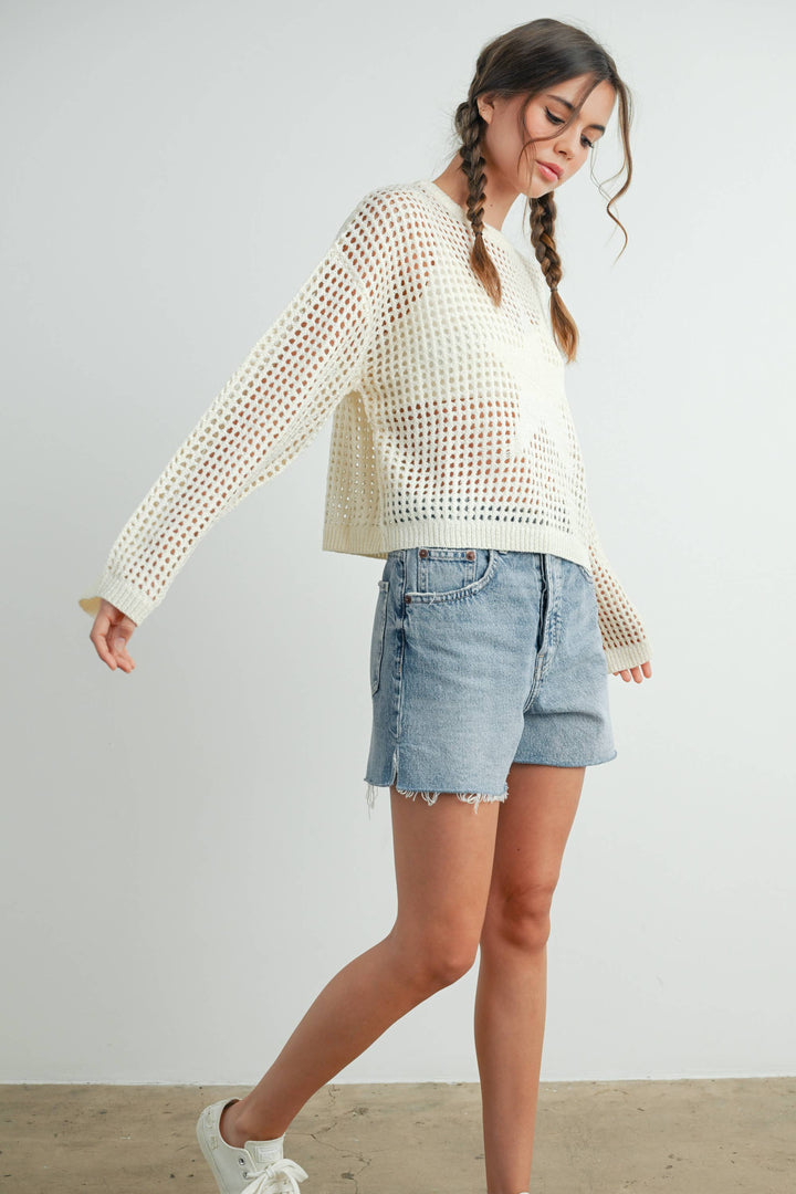 Women's Sweaters - Star Crew Neck Crochet Sweater - IVORY - Cultured Cloths Apparel
