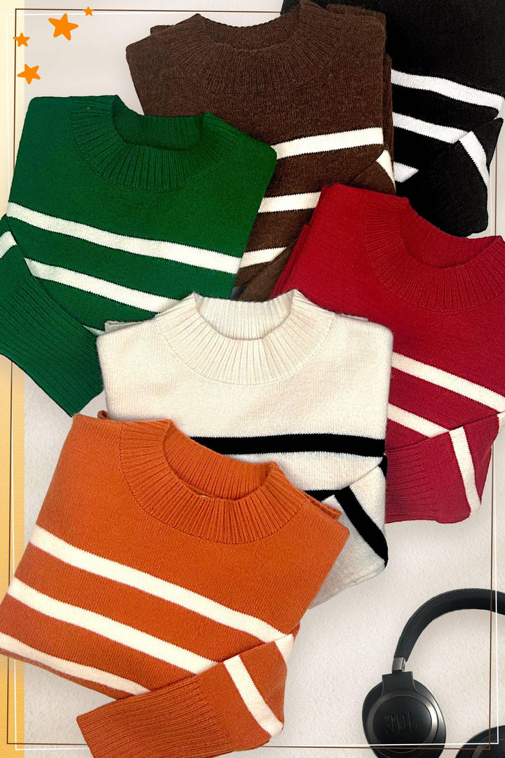 Striped Mock Neck Dolman Sleeve Loose Fit Sweater