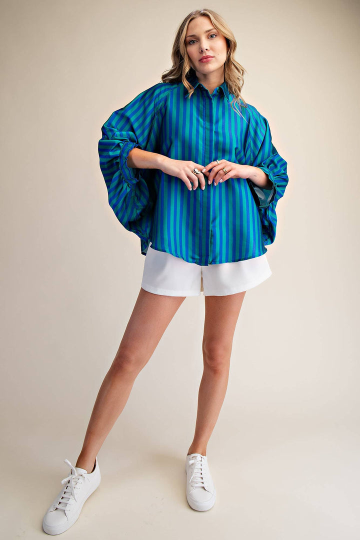 Women's 3/4 Sleeve - Balloon Dolman Sleeve Button Front Oversized Shirt - - Cultured Cloths Apparel