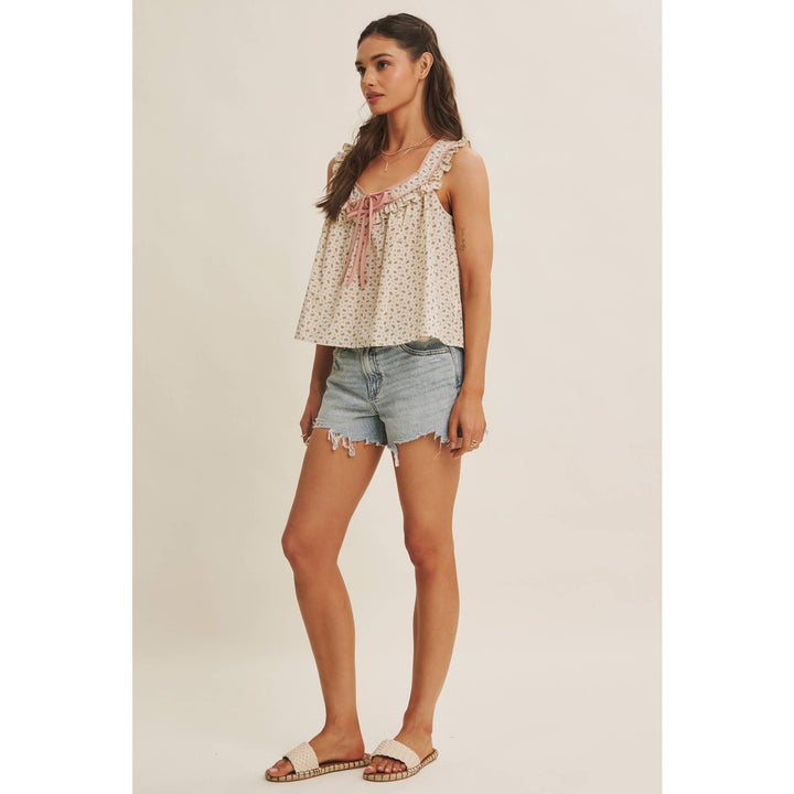 Women's Sleeveless - ANTIQUE MEADOW CONTRAST BINDING FLORAL RUFFLED BLOUSE TOP - - Cultured Cloths Apparel