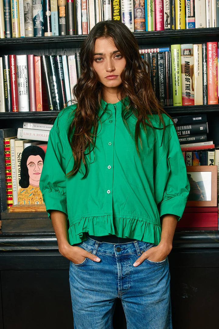 Women's Short Sleeve - Ruffled Hem Solid Poplin Blouse Shirt Top - - Cultured Cloths Apparel