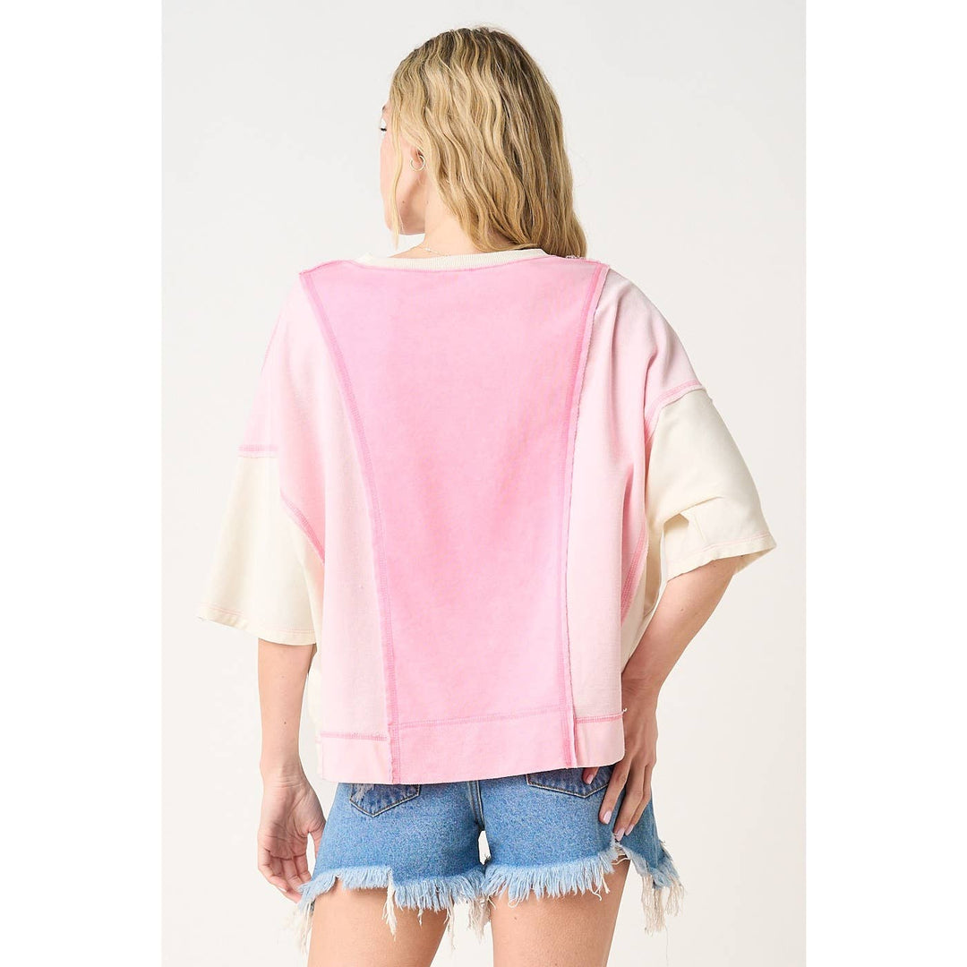 Women's Short Sleeve - MINERAL WASH COLOR BLOCK RELAXED FIT SHORT SLEEVE TOP - - Cultured Cloths Apparel