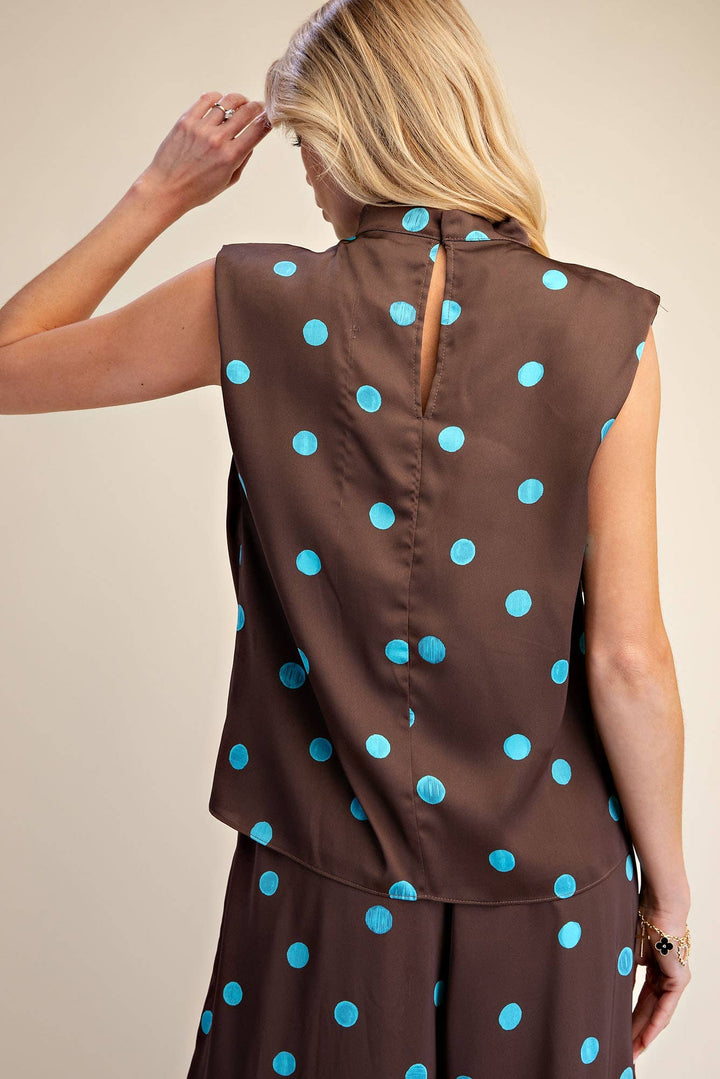 Cowl Mock Neck Pleats Shoulder Sleeveless Top Polka Dot