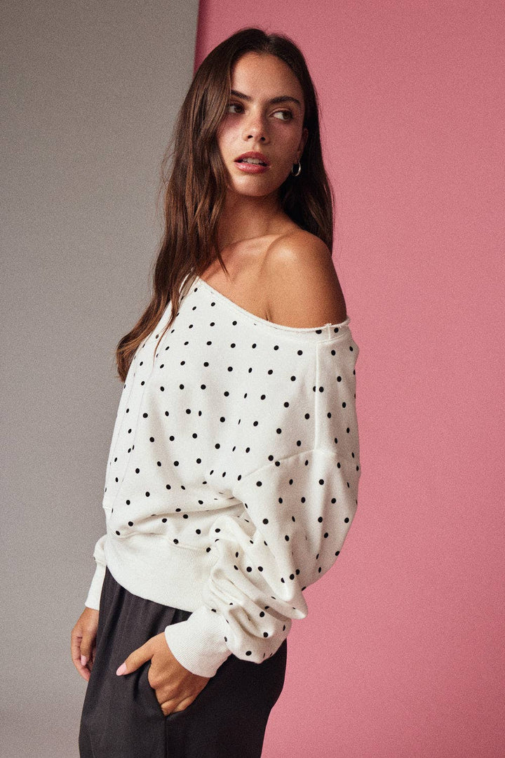 Polka Dot Off Shoulder Sweatshirt Relaxed Fit