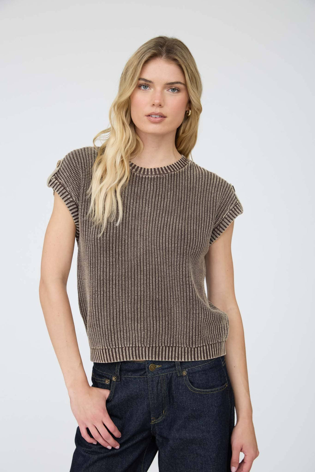 Women's Short Sleeve - ACID WASHED TAB SLEEVE BACK BUTTON KNIT TOP: CHARCOAL - - Cultured Cloths Apparel