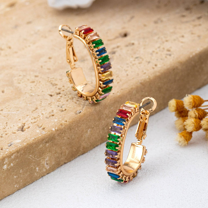 Accessories, Earrings - Multicolor Baguette Crystal Hoop Earrings | 80E62401 - - Cultured Cloths Apparel