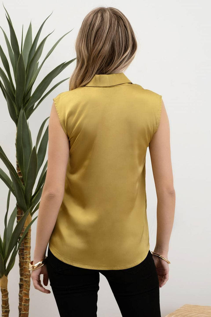 Women's Sleeveless - SATIN COLLARED SLEEVELESS BLOUSE - - Cultured Cloths Apparel