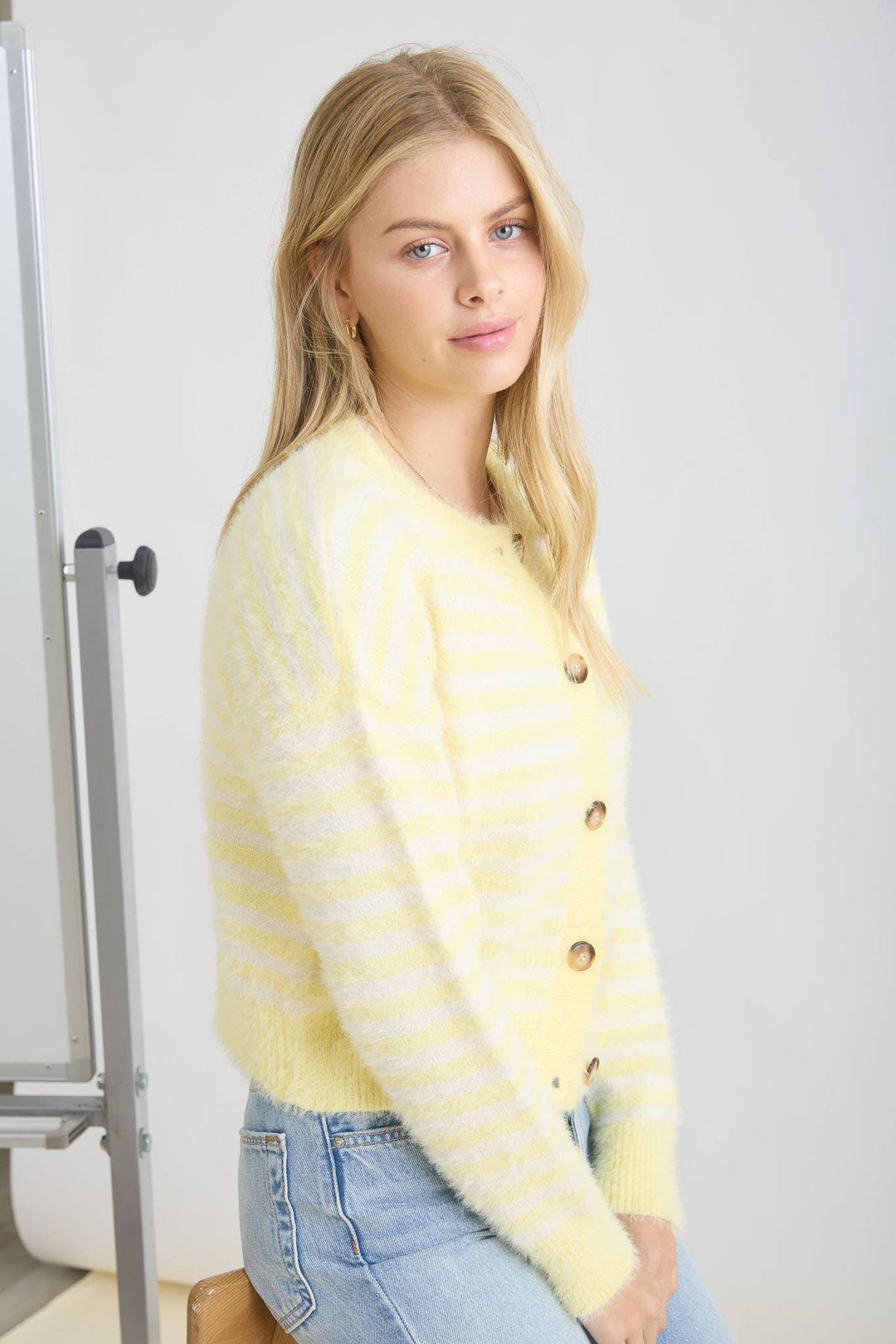 STRIPE ROUND NECK BUTTON DOWN FUZZY KNIT CARDIGAN