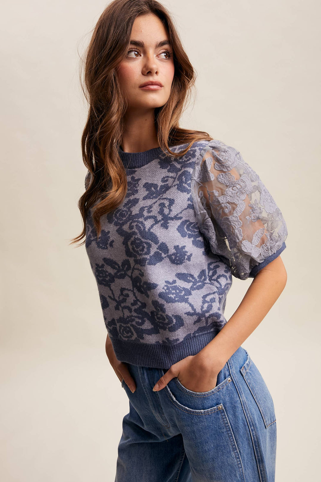 Women's Short Sleeve - Rose Embroidered Contrast Knit Top - - Cultured Cloths Apparel