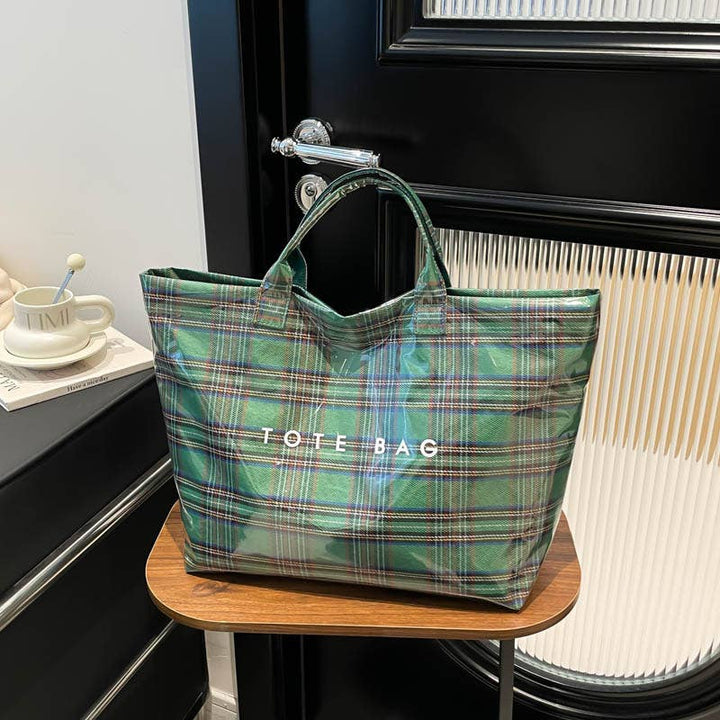 Christmas Plaid PVC Tote Bag for Women