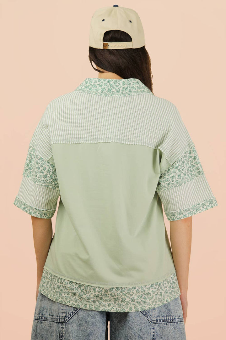 Women's Short Sleeve - Oversized Half Button Down Collared Knit Top - - Cultured Cloths Apparel