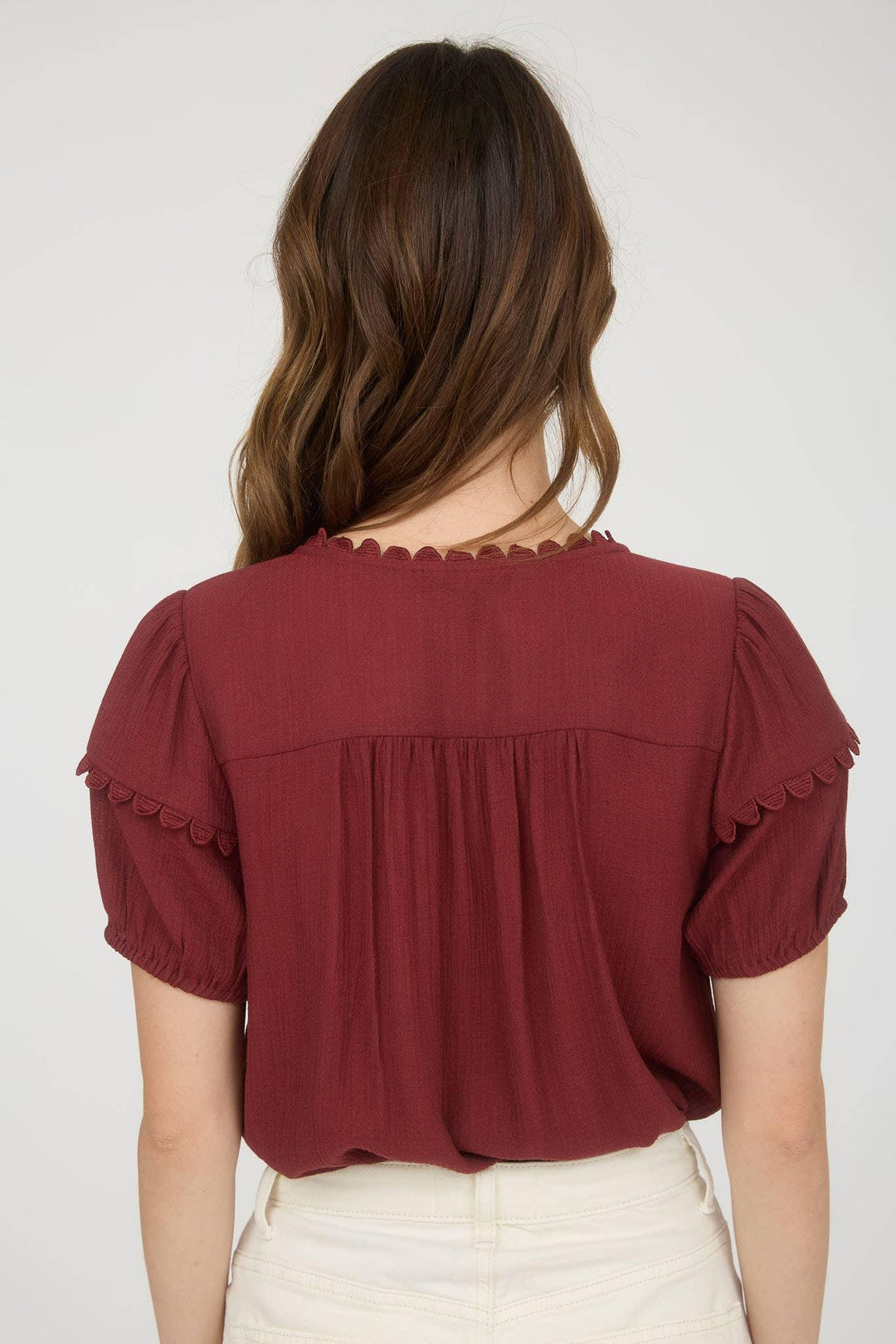 Women's Short Sleeve - SCALLOP TRIM FRONT TIE DETAIL PUFF SLEEVE TOP - - Cultured Cloths Apparel