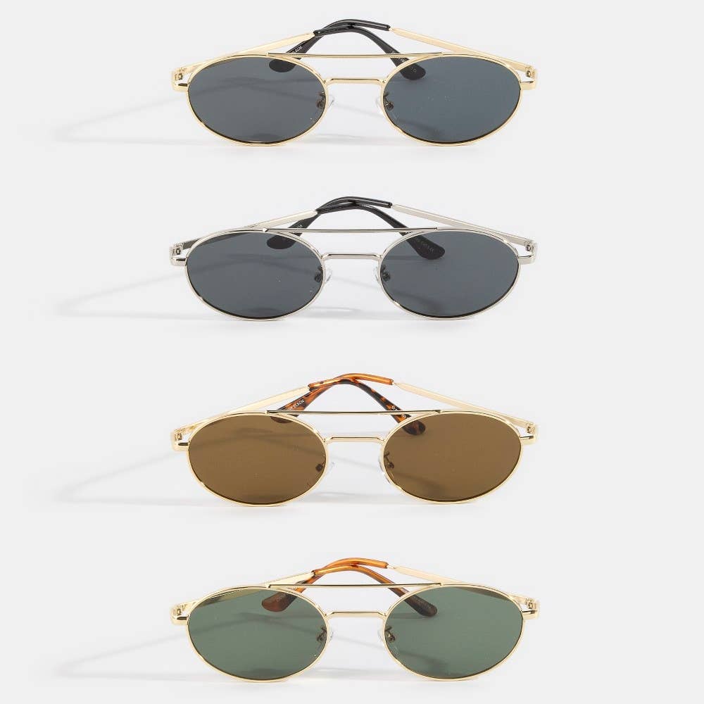 Slim Oval Double Bridge Metal Frame Sunglasses