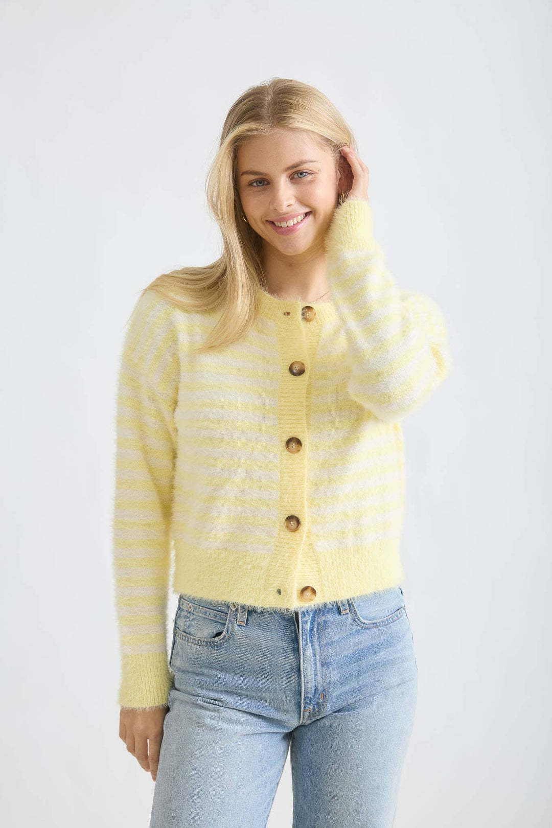 STRIPE ROUND NECK BUTTON DOWN FUZZY KNIT CARDIGAN