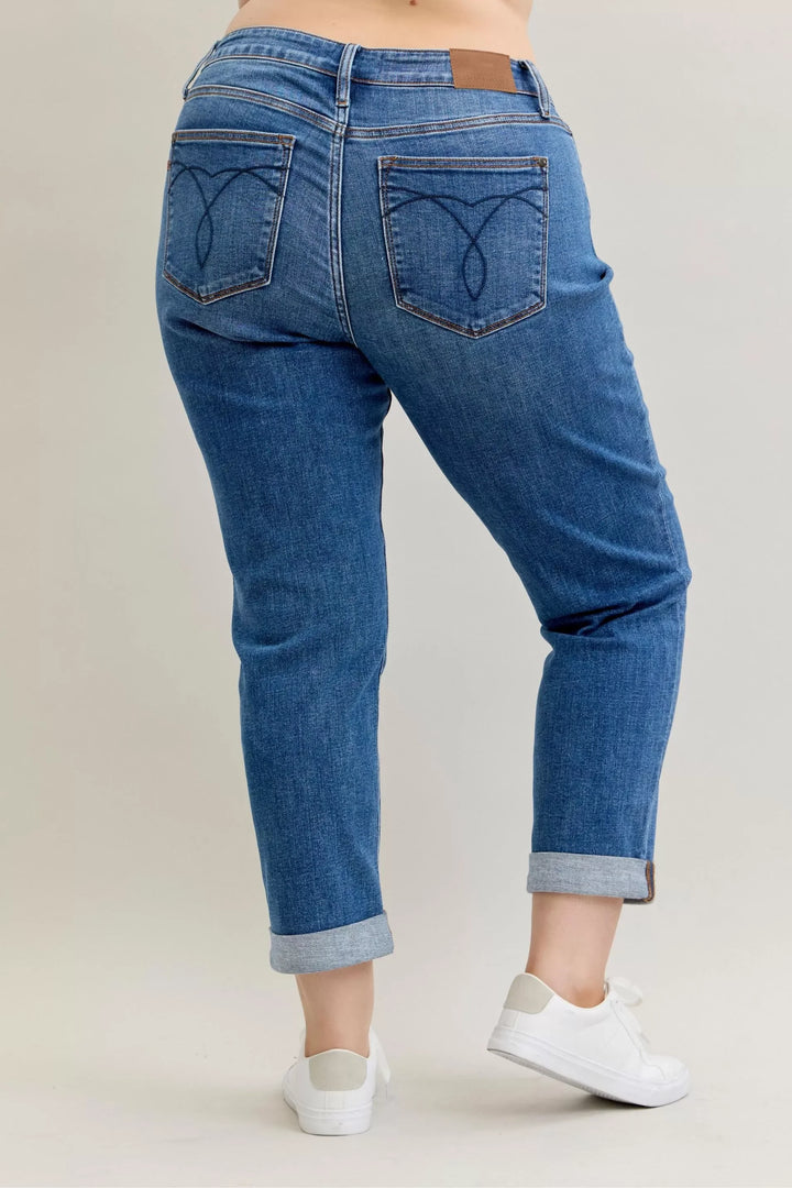 Denim - Judy Blue Full Size Mid Rise BF Classic Cuffed Jeans Plus Size - - Cultured Cloths Apparel