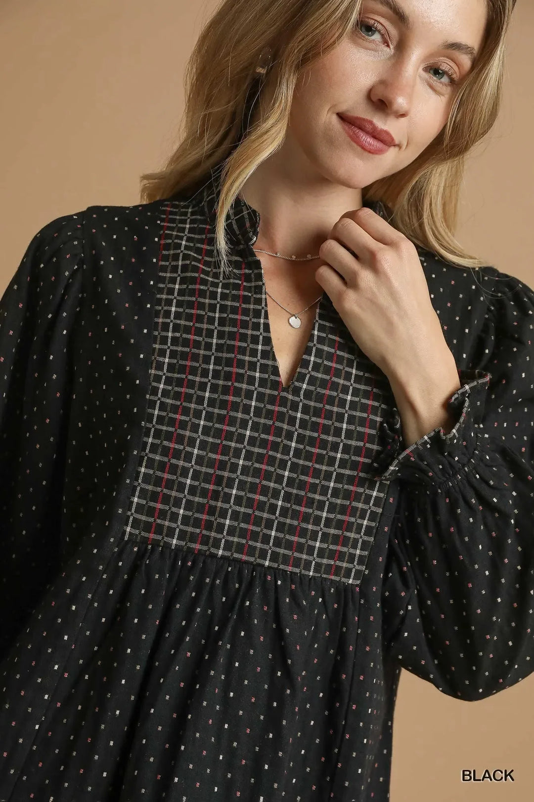 Women's Dresses - Umgee Polka Dot Plaid Trim Babydoll Dress - - Cultured Cloths Apparel