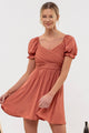Women's Dresses - Pleated Wrap Puff Sleeve Tie Mini Dress - Terracotta - Cultured Cloths Apparel