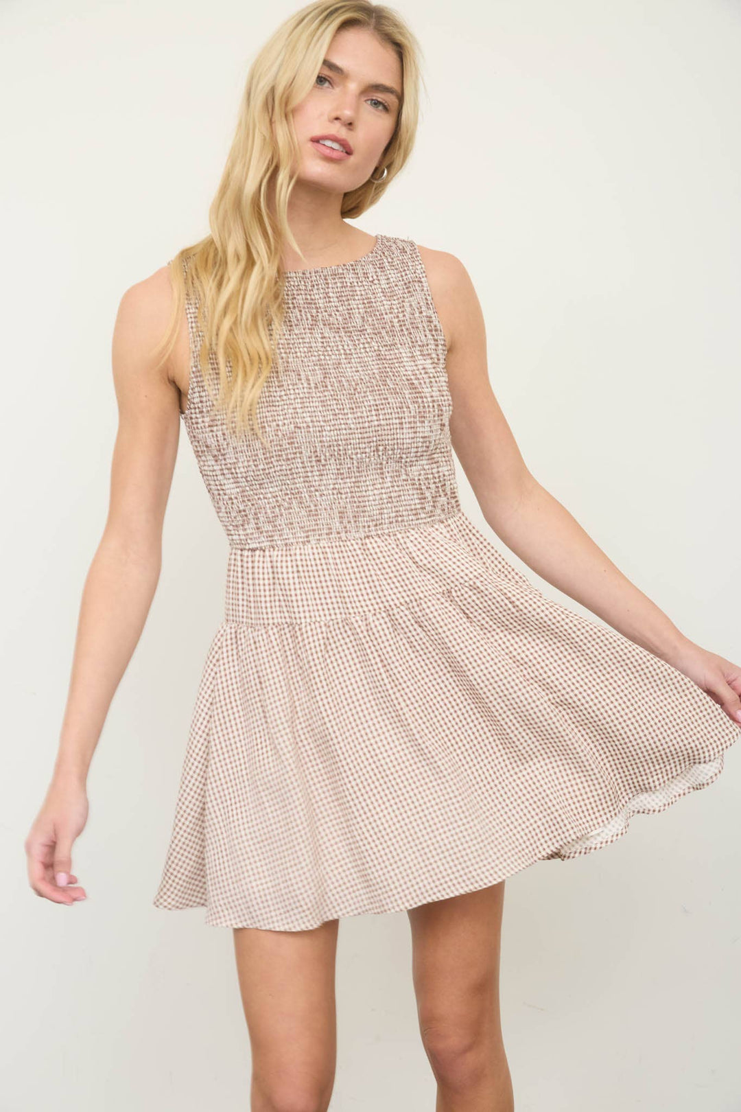 Dresses - GINGHAM SLEEVELESS SMOCKED MINI DRESS - - Cultured Cloths Apparel