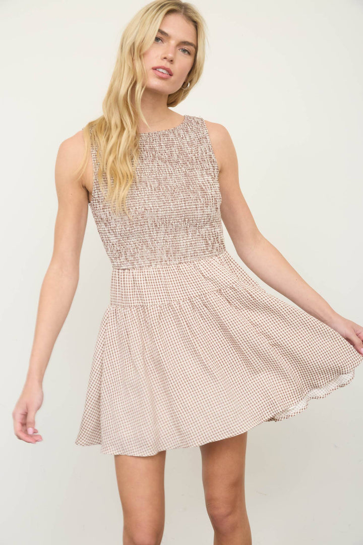 Dresses - GINGHAM SLEEVELESS SMOCKED MINI DRESS - - Cultured Cloths Apparel