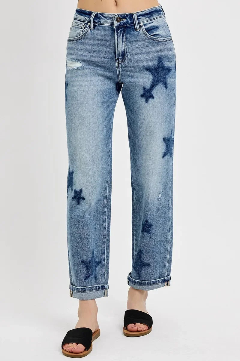 Denim - RISEN Full Size Mid Rise Boyfriend Star Shadow Detail Cuffed Jeans Plus Size - MEDIUM - Cultured Cloths Apparel