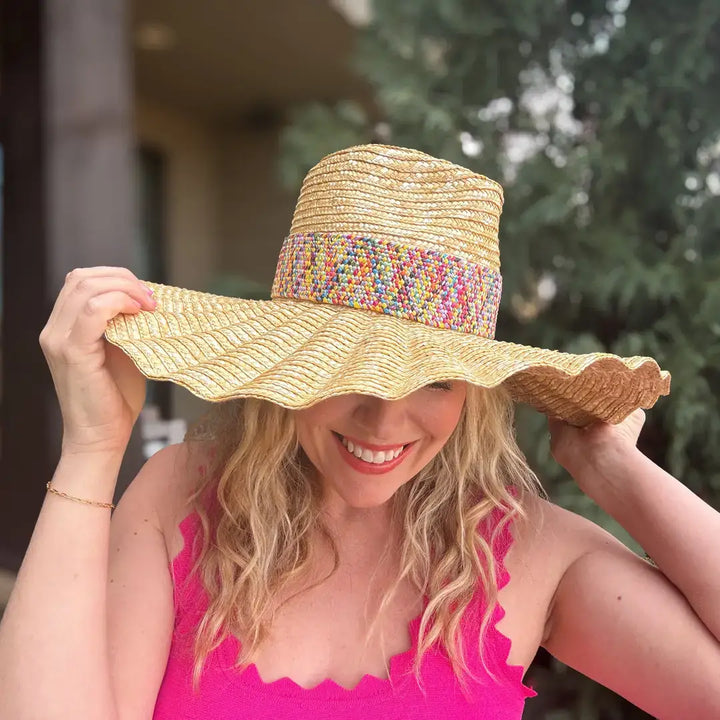 Accessories, Hats - Wide-Brimmed Raffia Hat - Colorful Band - Bekah - - Cultured Cloths Apparel
