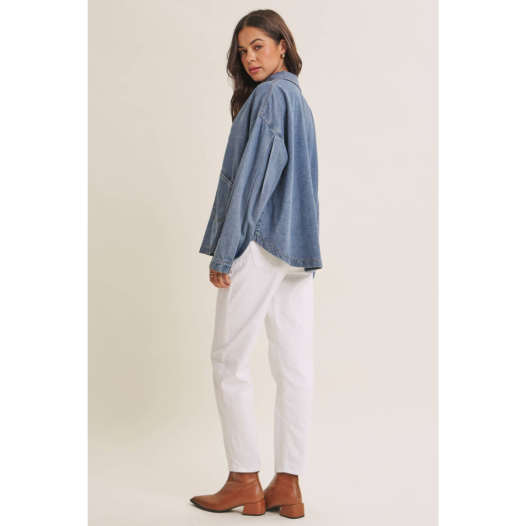 EASY LIVING MINERAL-WASHED COTTON DENIM OVERSIZED POCKET TOP