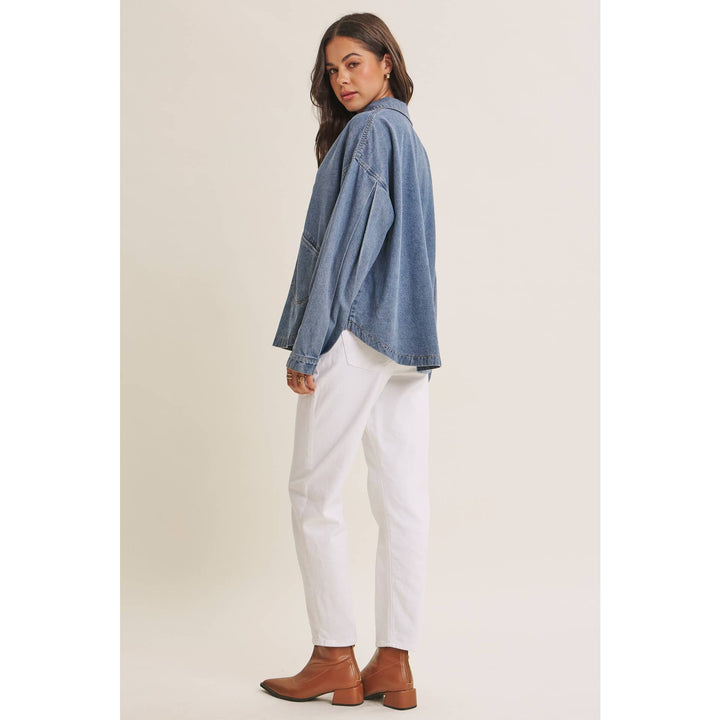 EASY LIVING MINERAL-WASHED COTTON DENIM OVERSIZED POCKET TOP