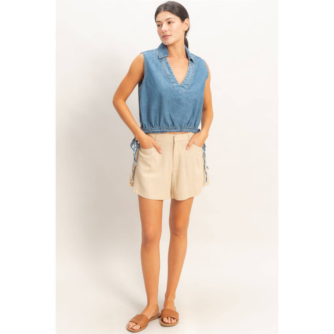 Women's Short Sleeve - Collared V-Neck Drawstring Tank - - Cultured Cloths Apparel