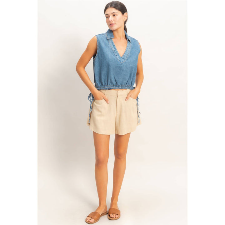 Women's Short Sleeve - Collared V-Neck Drawstring Tank - - Cultured Cloths Apparel
