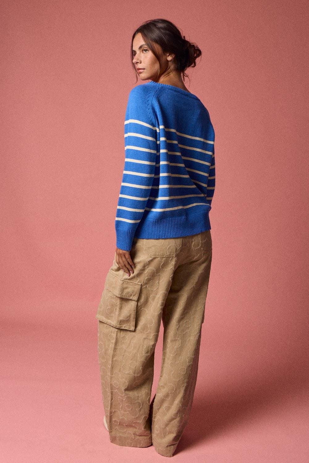 Women's Sweaters - Knit Henley Placket Striped Sweater Top - - Cultured Cloths Apparel