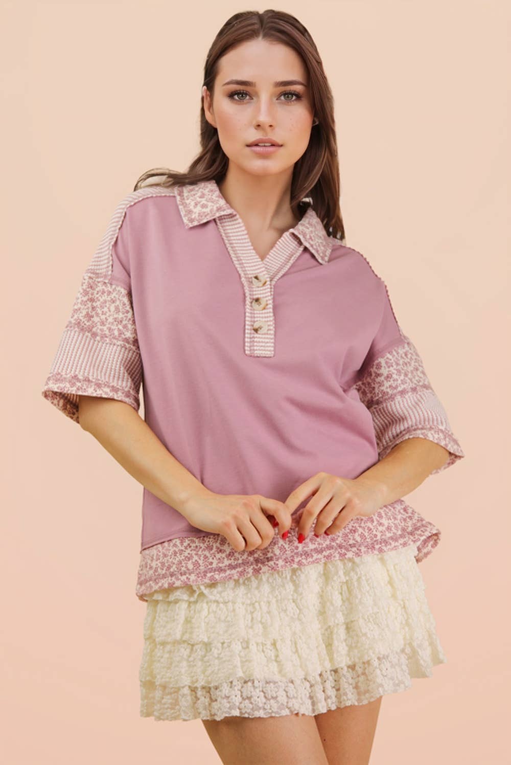 Women's Short Sleeve - Oversized Half Button Down Collared Knit Top - MAUVE - Cultured Cloths Apparel