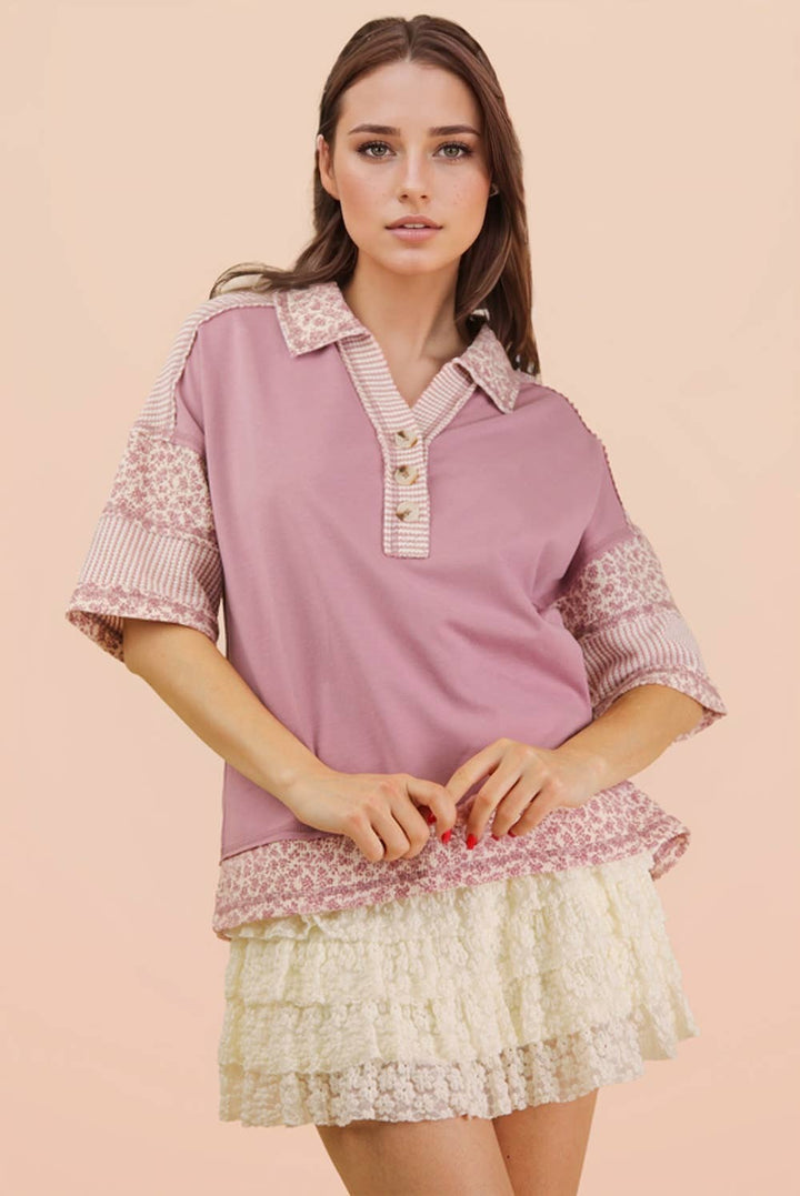 Women's Short Sleeve - Oversized Half Button Down Collared Knit Top - MAUVE - Cultured Cloths Apparel