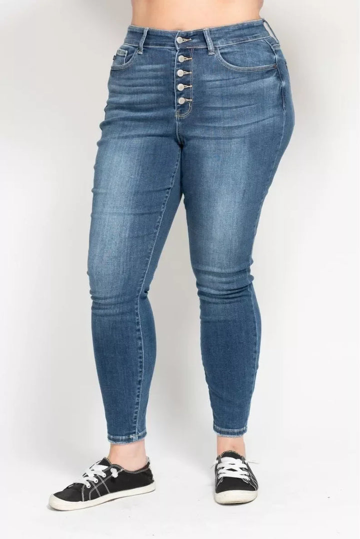 Denim - Judy Blue Full Size High Rise Button Fly Skinny Jeans Plus Size - - Cultured Cloths Apparel