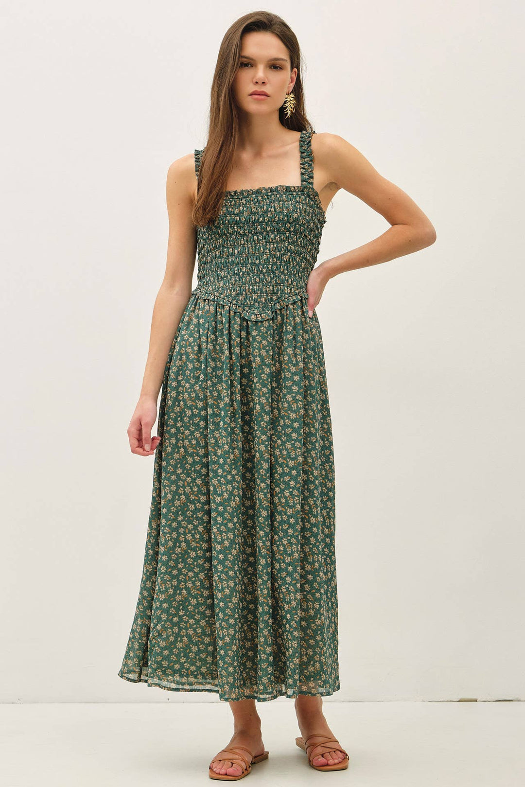 Dresses - FLORAL PRINTED SMOCKE BODICE MIDI DRESS - - Cultured Cloths Apparel