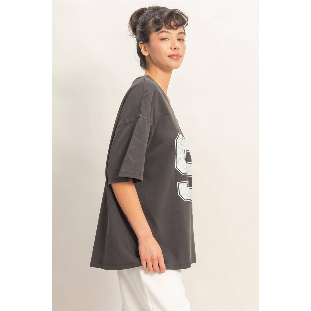 Oversized Varsity Style V-Neck Graphic T-Shirt