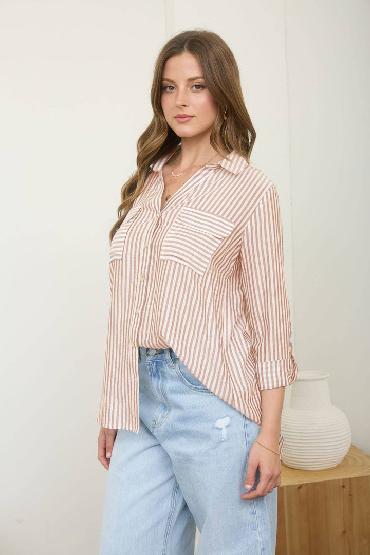 Women's Long Sleeve - STRIPE COLLARED BUTTON DOWN LIGHTWEIGHT SHIRT - PEACH - Cultured Cloths Apparel