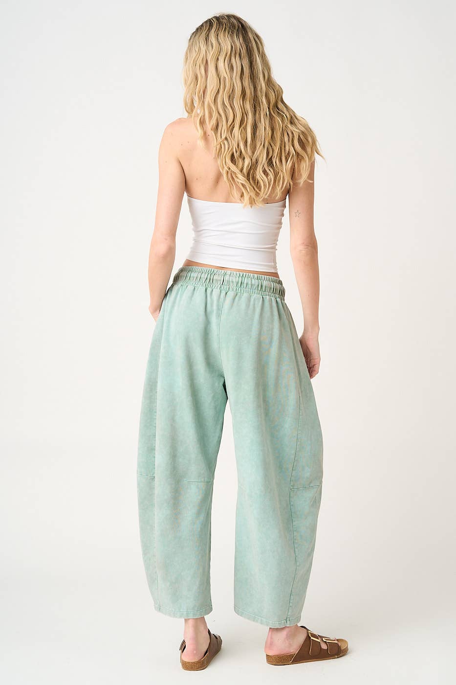 MINERAL WASH CROCHET PATCH BARREL LEG PANTS