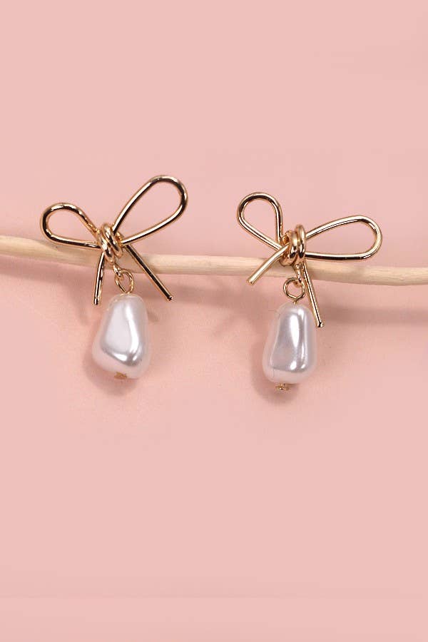Accessories, Earrings - PEARL DANGLE GOLD BOW DROP EARRINGS | 80E2800 - Gold - Cultured Cloths Apparel