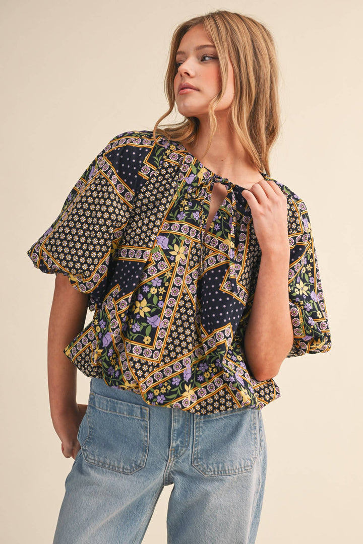 - FLORAL PRINT BUBBLE TOP - L - Cultured Cloths Apparel