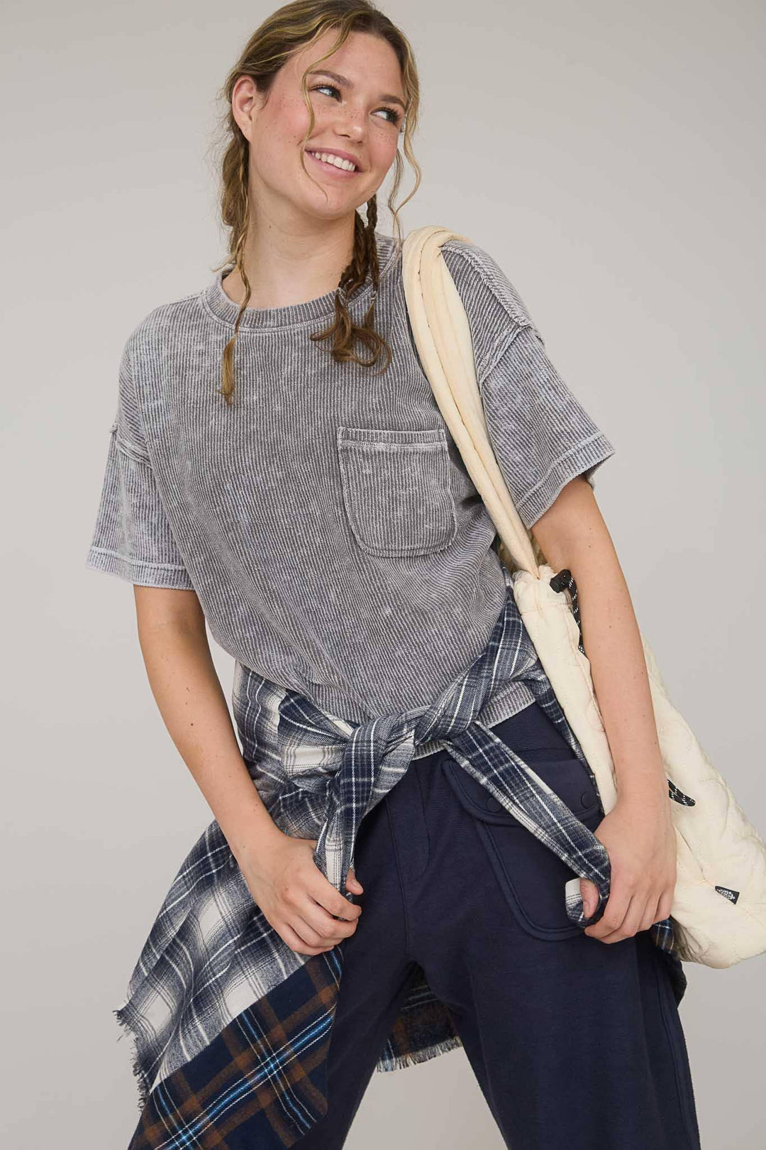 Women's Short Sleeve - WASHED RIBBED SHORT SLEEVE TEE WITH POCKET - - Cultured Cloths Apparel