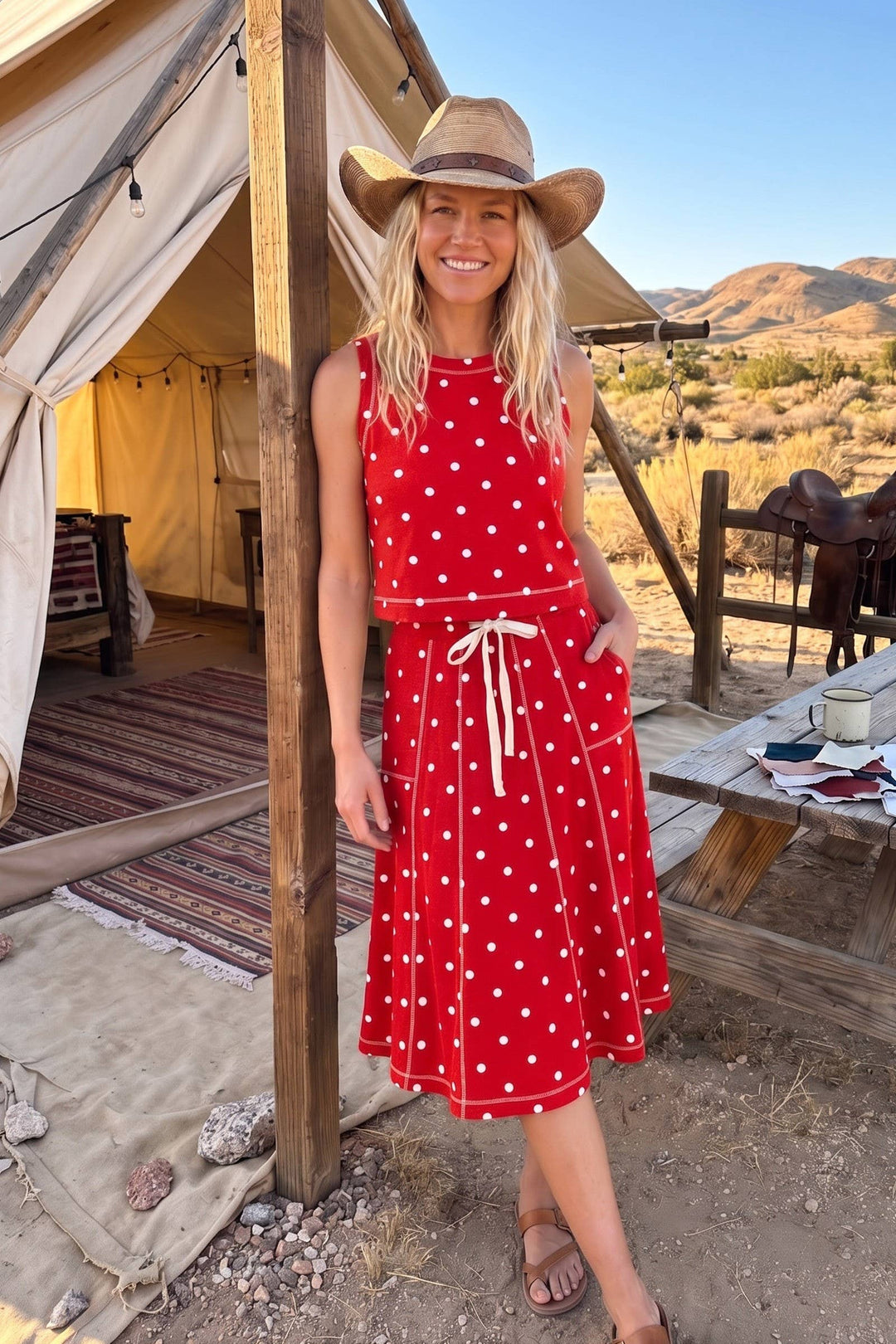 Retro Dot Tank & Midi Skirt Set