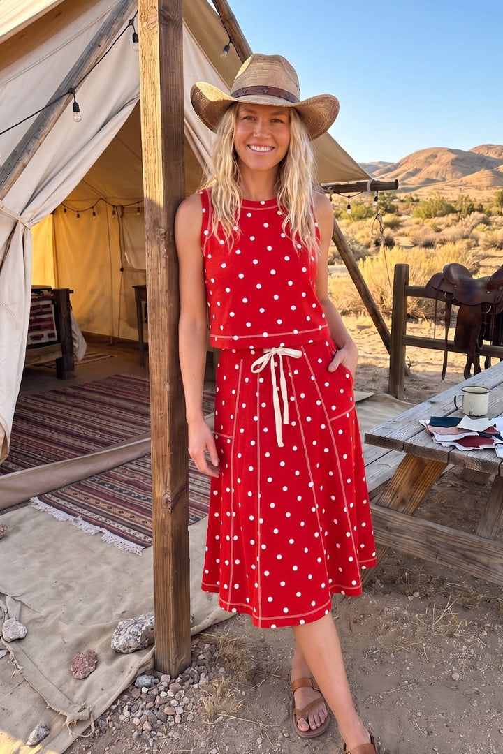 Retro Dot Tank & Midi Skirt Set